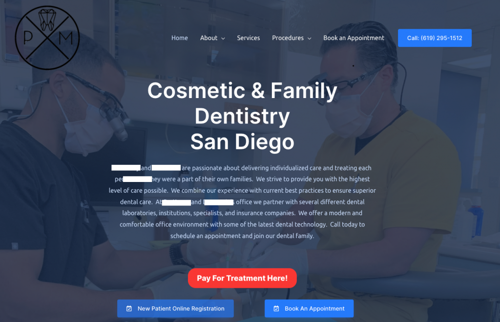 homepage of dentist website