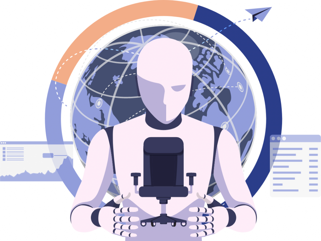 ai robot sitting protecting a desk chair