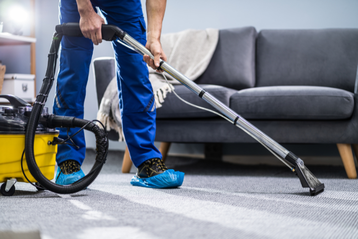 man with booties cleaning carpet